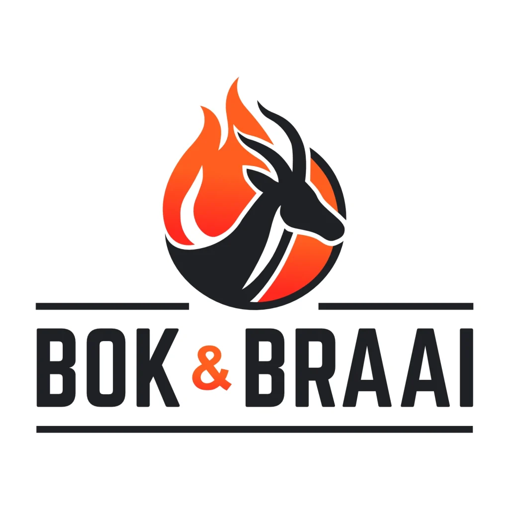 Bok and Braai custom South African logo featuring a stylised springbok head combined with flame graphics in orange and black.