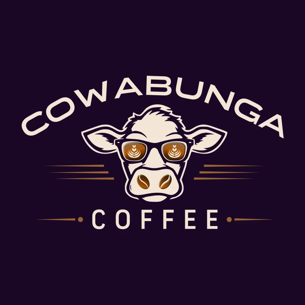 Cowabunga Coffee custom logo featuring an illustrated cow wearing sunglasses, purple background and playful coffee shop typography.
