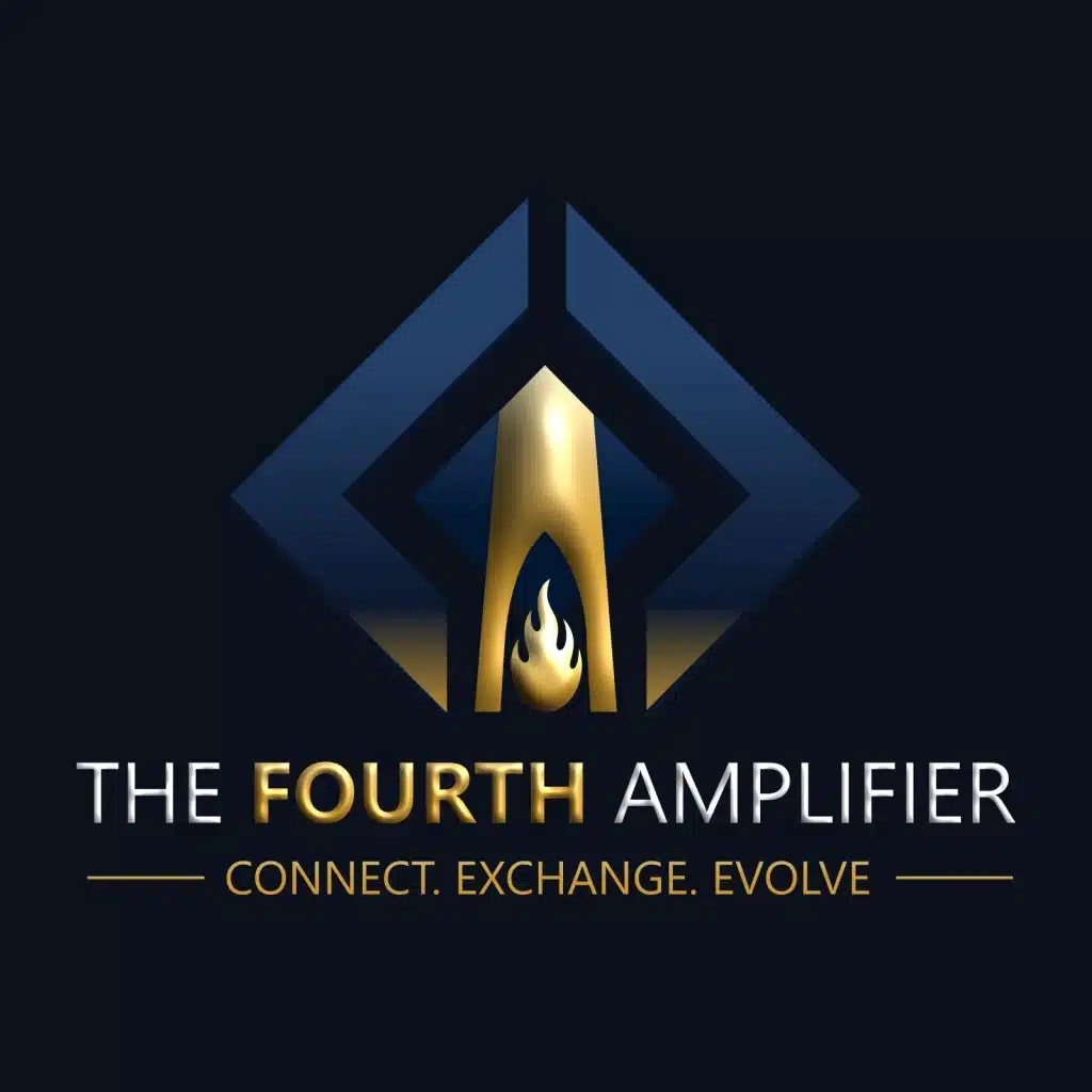 The Fourth Amplifier logo design featuring a geometric blue and gold symbol with modern typography against a dark background.