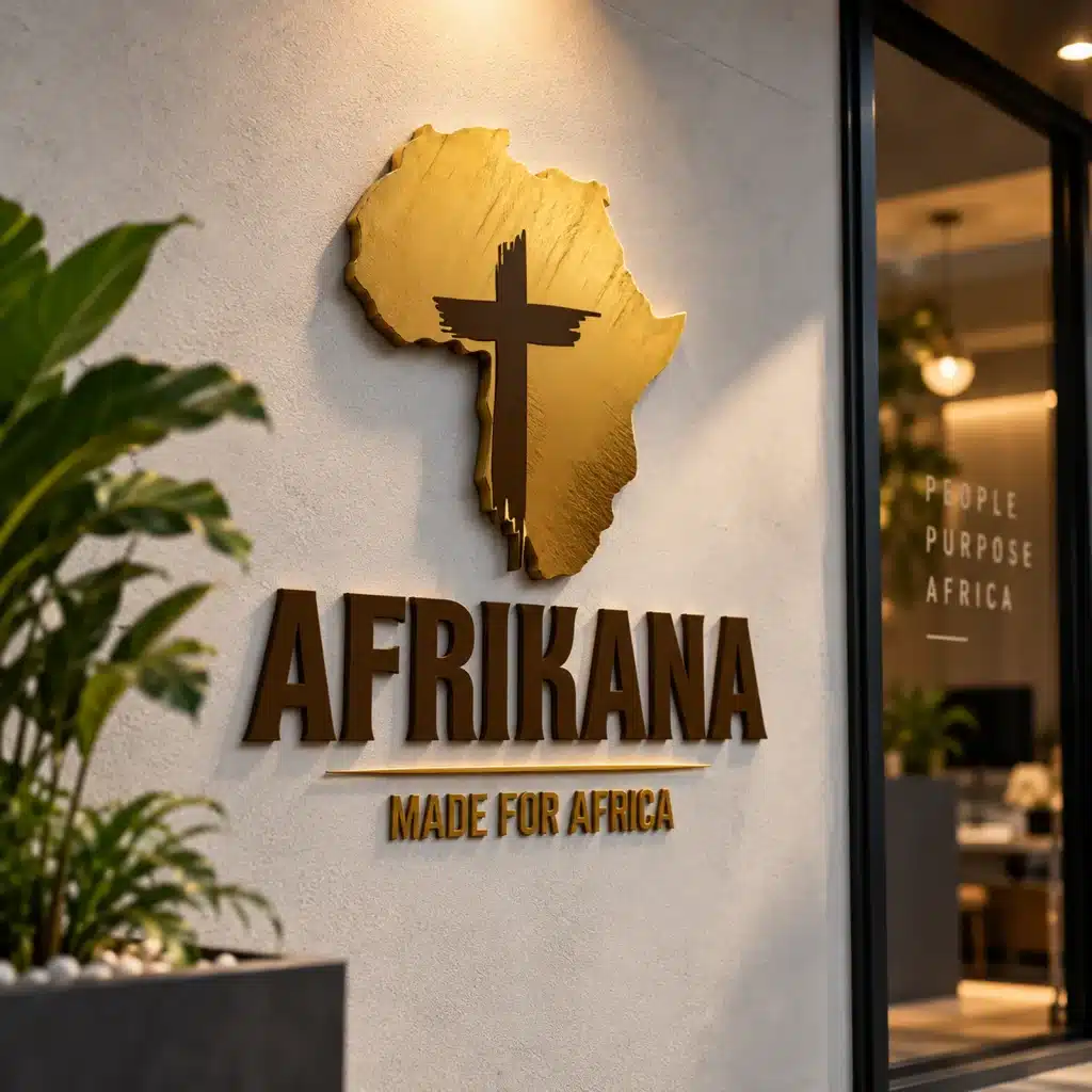 Afrikana custom logo design featuring an African continent symbol and cross, displayed on business signage.