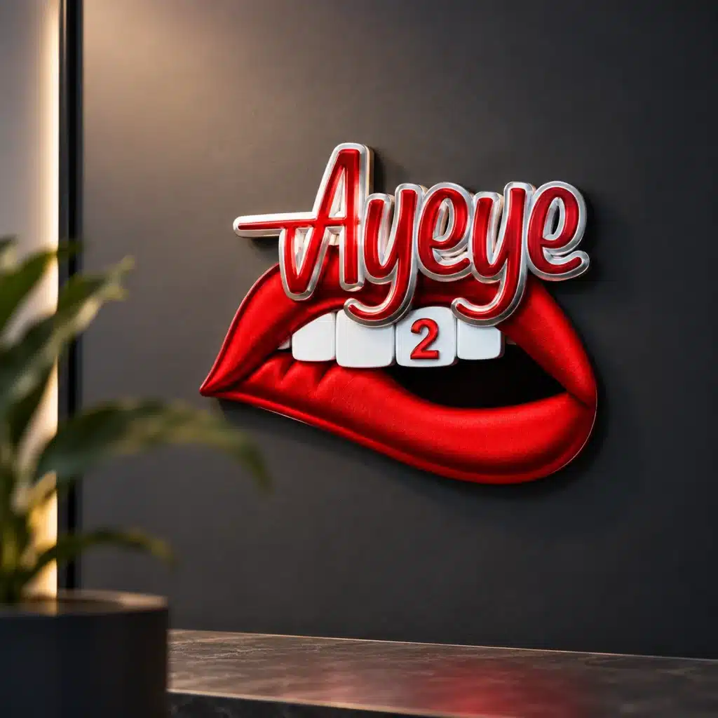 Ayeye 2 custom entertainment logo design featuring bold red lips, teeth and expressive lettering displayed on dark signage.