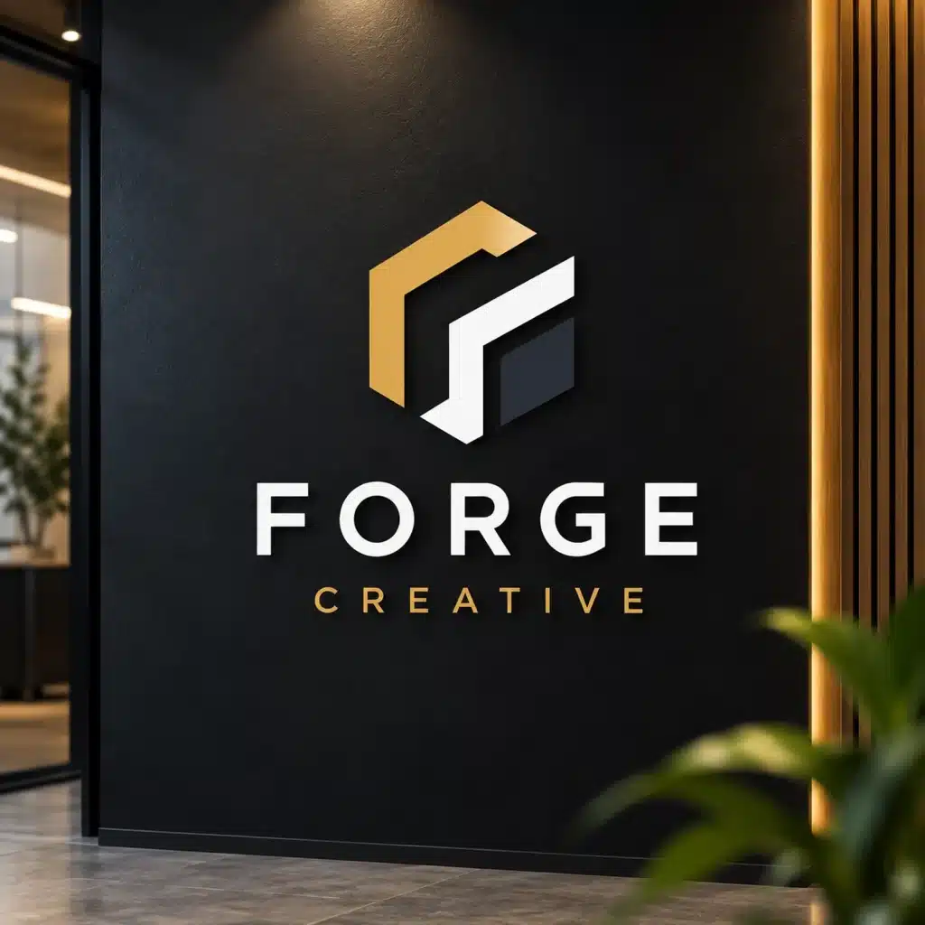 Forge Creative professional logo design featuring a geometric gold, white and grey symbol with modern typography on dark signage.