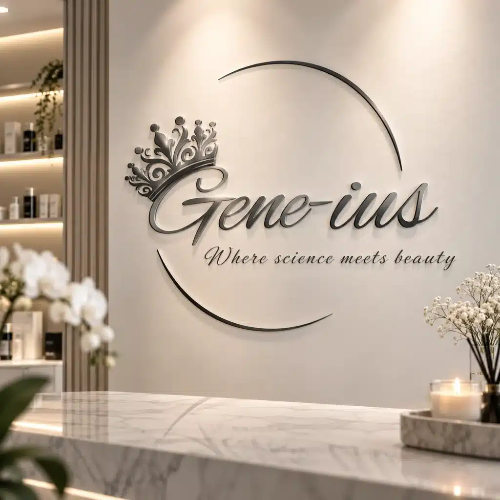Gene-ius beauty and aesthetics logo featuring elegant script typography, decorative flourish and silver metallic signage.