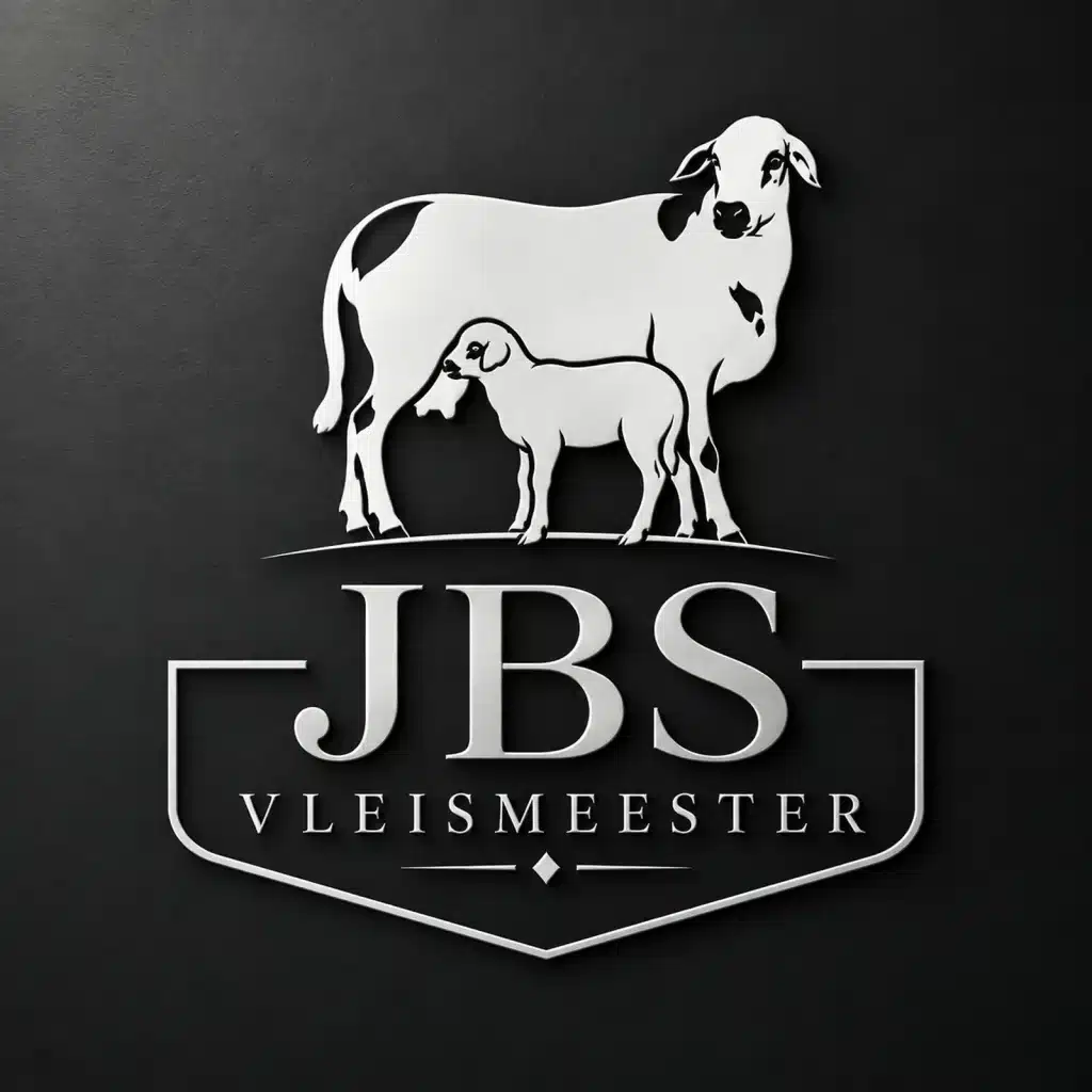 JBS Vleismeester custom logo design featuring a cow and calf illustration with traditional typography on a black background.