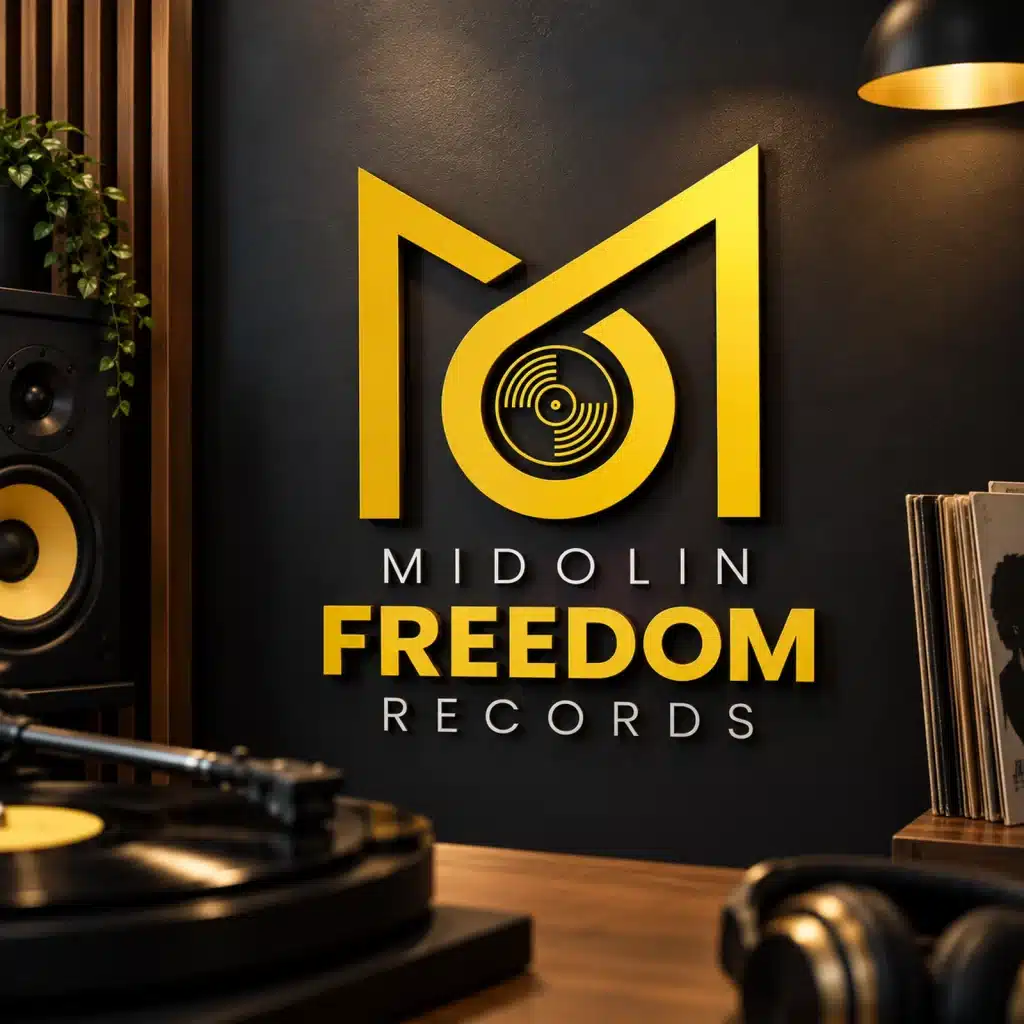 Midolin Freedom Records logo featuring a geometric gold monogram, vinyl record illustration and black background.