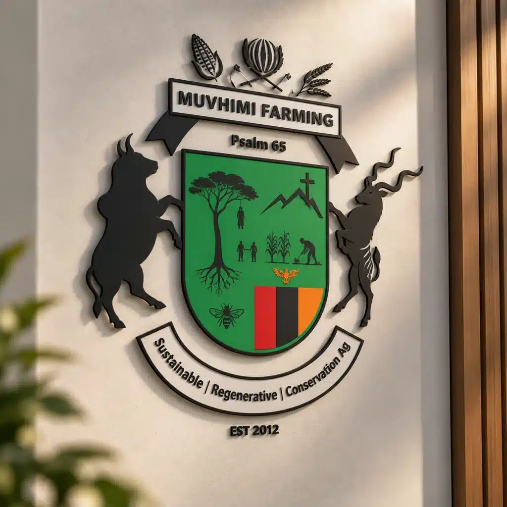 Muvhimi Farming agricultural logo design featuring a traditional crest, wildlife, crops and farming symbols displayed on signage.