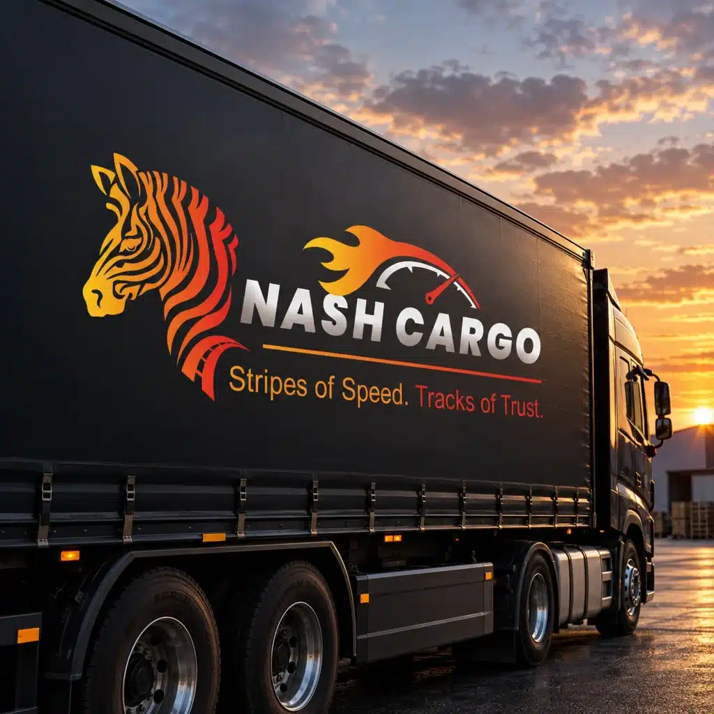Nash Cargo logistics company logo design featuring a colourful zebra and dynamic transport graphics displayed on a commercial truck.
