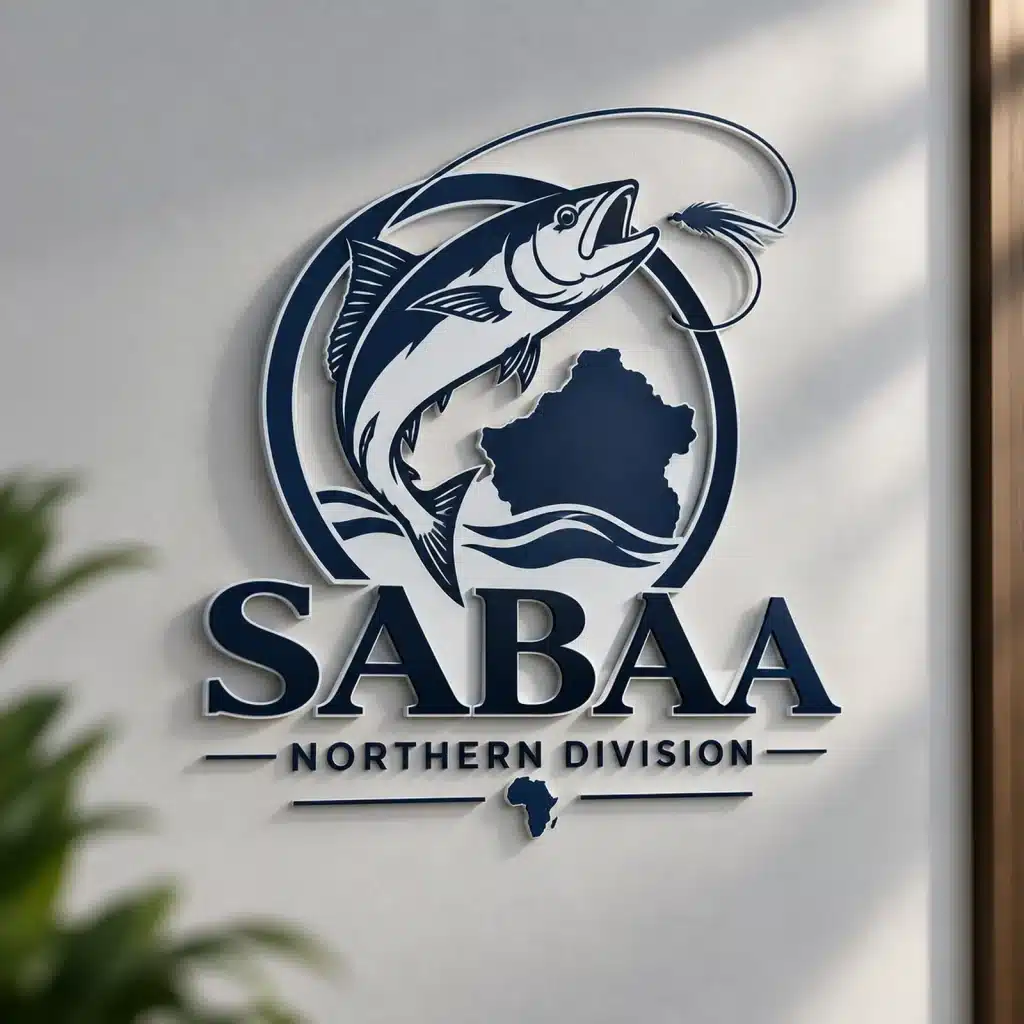 Custom SABAA Northern Division logo design featuring a jumping fish, circular emblem and African map in navy blue.