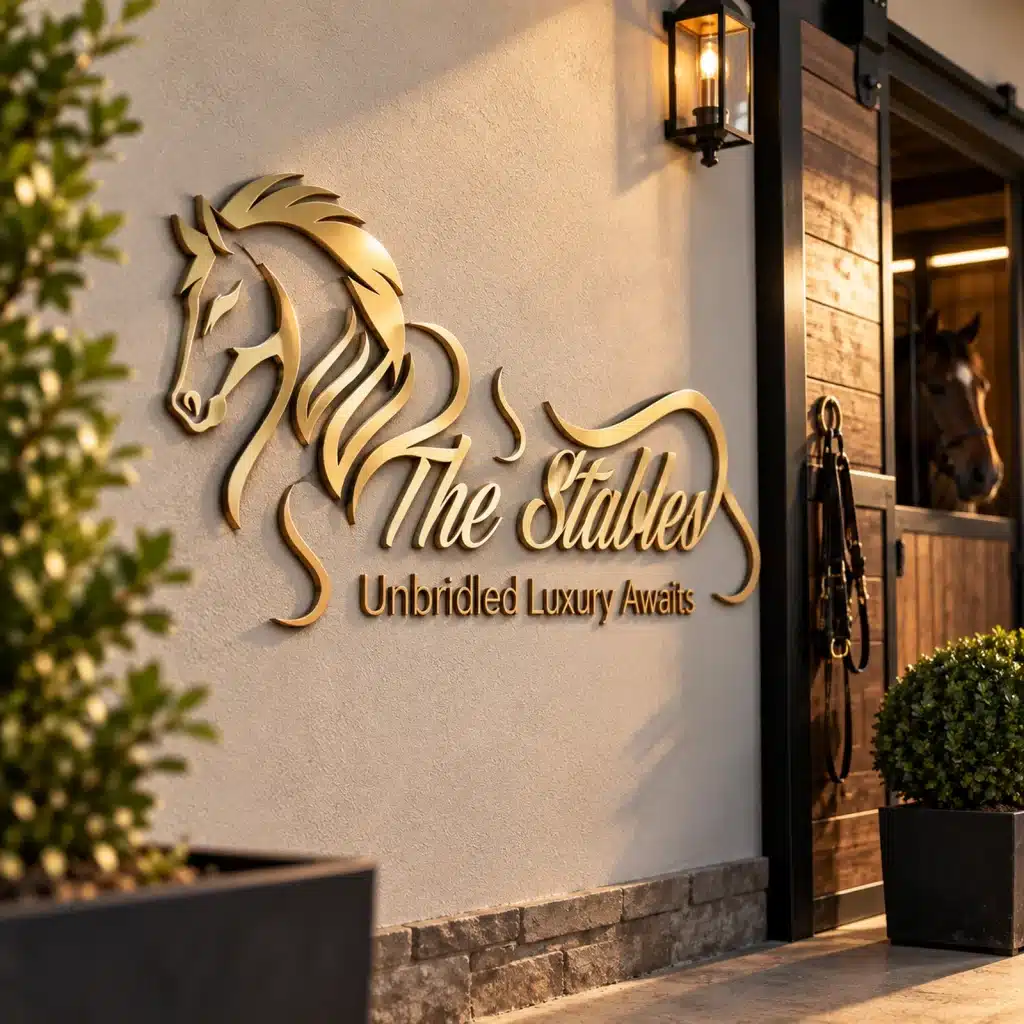 The Stables luxury logo design featuring an elegant gold horse illustration and flowing script typography on premium entrance signage.