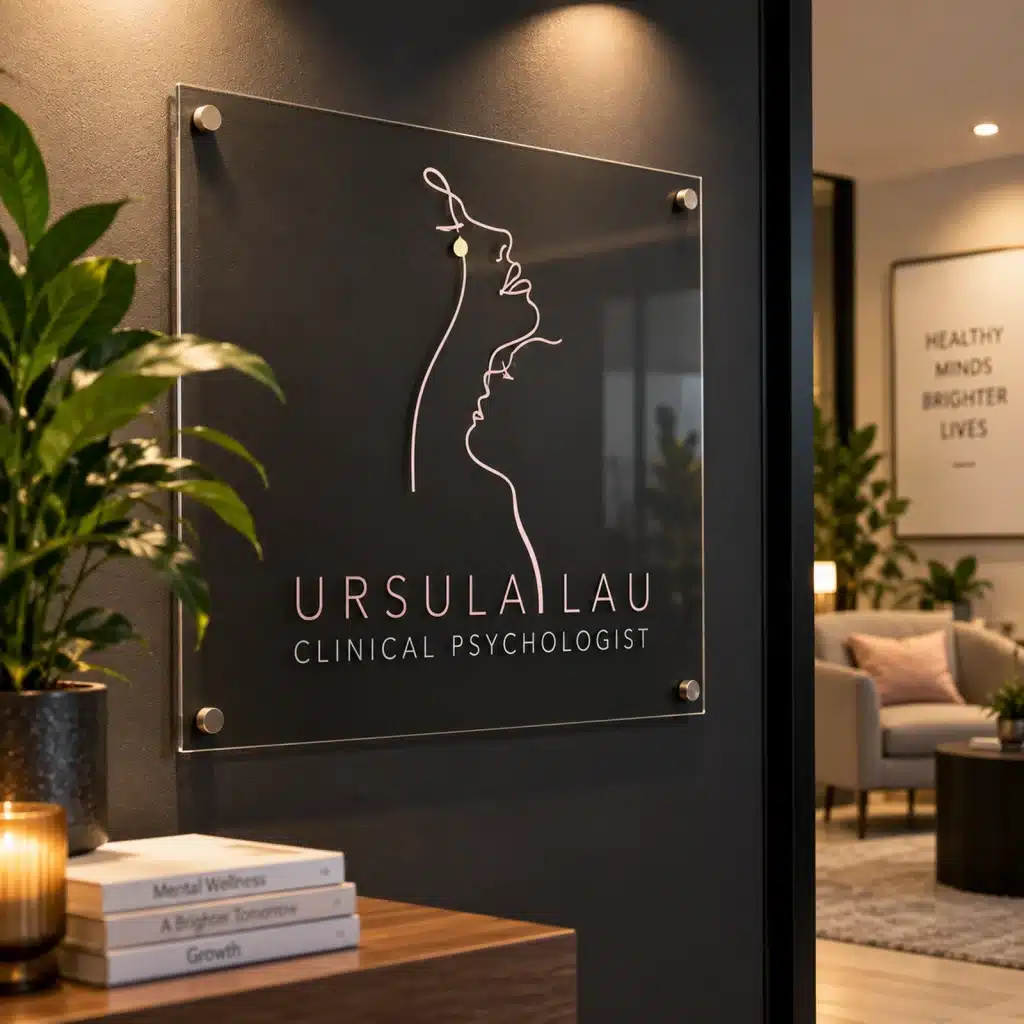 Elegant Ursula Lau clinical psychologist logo featuring minimalist continuous-line face illustration and refined typography on office signage.